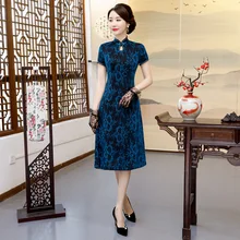 Стиль большого размера вельветовое платье Cheongsam приталенное элегантное банкетное торжественное платье больших размеров d платье для женщин среднего возраста