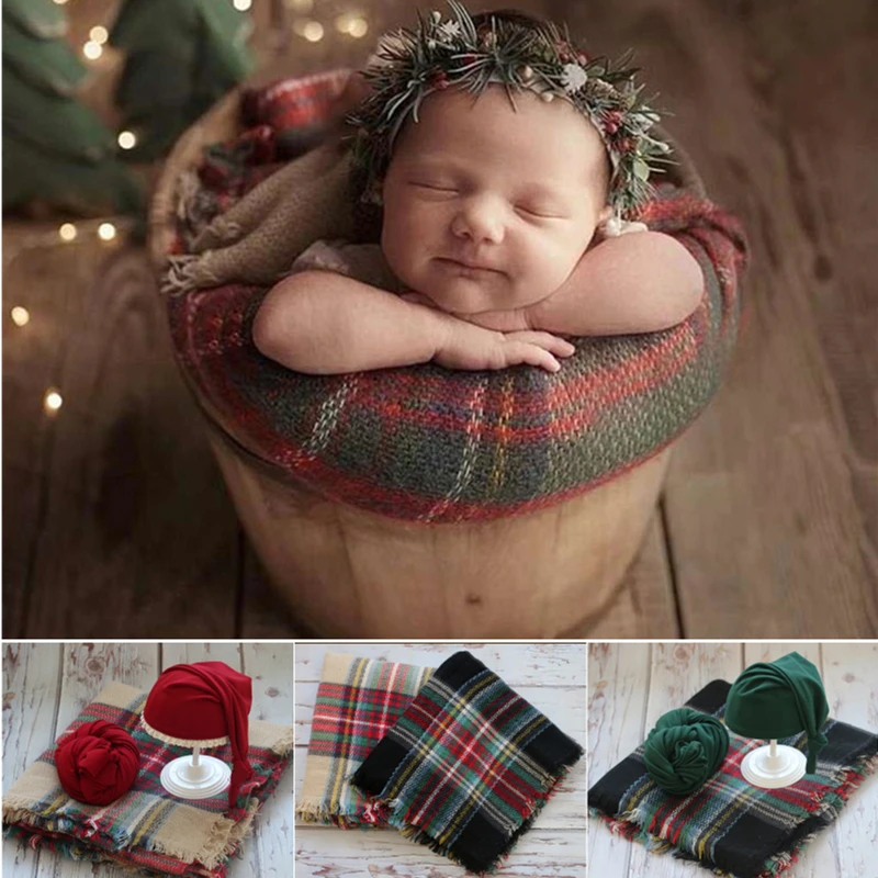 Dvotinst Newborn Photography Props for Baby Christmas Plaid Blanket Wraps Hat Studio Shoots Accessories Fotografia Photo Props