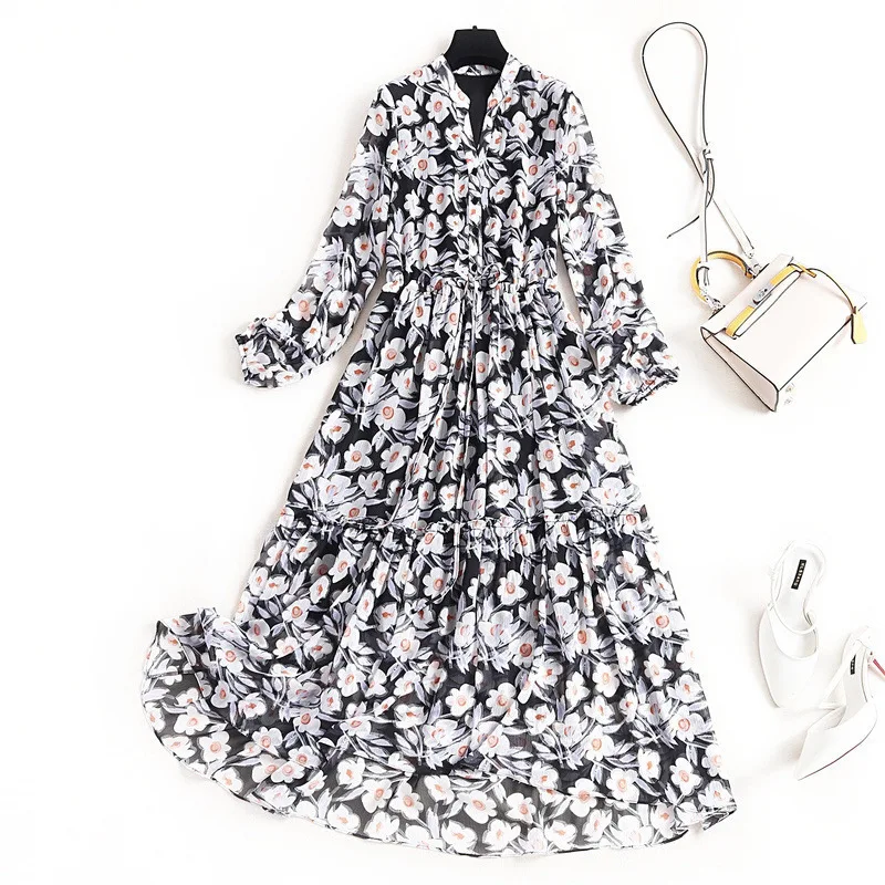 ^Cheap Vrouwen Bloemenprint Chiffon Jurk Lange Mouwen V-hals Elegant Midi Trekkoord Taille A-lijn Zwarte Jurken Groen ^Cheap Vrouwen Bloemenprint Chiffon Jurk Lange Mouwen V-hals Elegant Midi Trekkoord Taille A-lijn Zwarte Jurken Groen