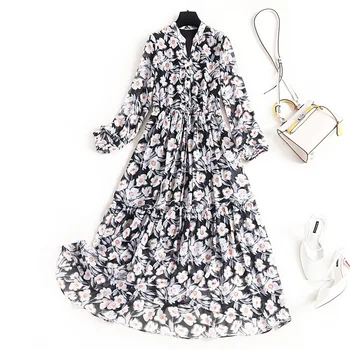 

Women floral print chiffon dress long sleeve V-neck elegant midi drawstring waist a-line black dresses green