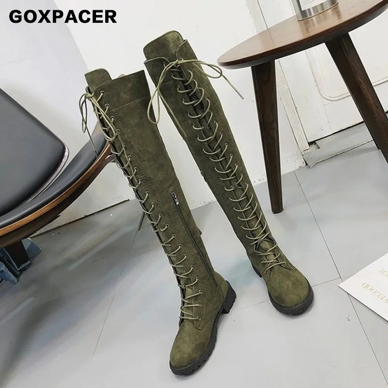 

GOXPACER 2019 Winter New women boots Round-headed square heel slim tie over knee boots, Knight boots and women boots Fashion