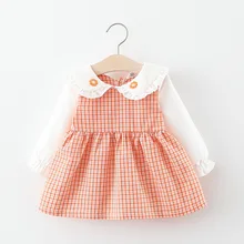 Платье для маленьких девочек; Весенняя клетчатая детская одежда с воротником в виде хризантемы; ;