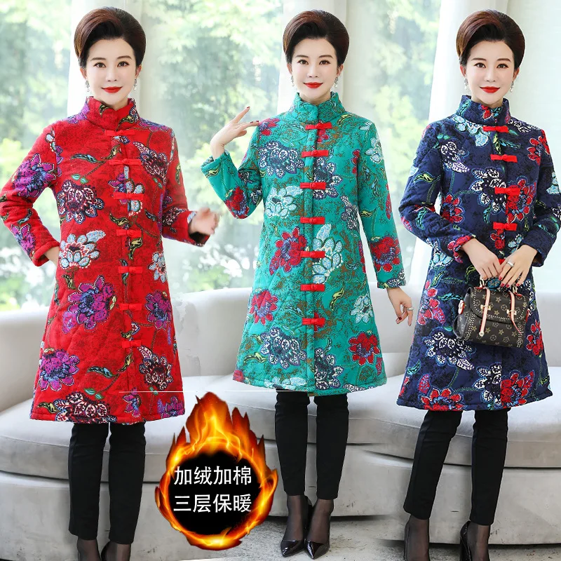 

Photo Shoot 2019 Ethnic-Style Autumn And Winter Cotton Linen Padded plus Velvet Cotton Overcoat Large Size Mid-length Middle-age