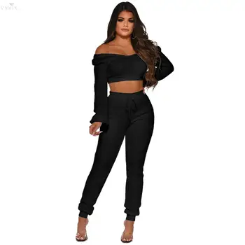 

2020 Winter Women Set Slash Neck Full Sleeve Crop Top Pants Two Piece Set Suit Casual Fashion Fitness Tracksuit Women Outfits