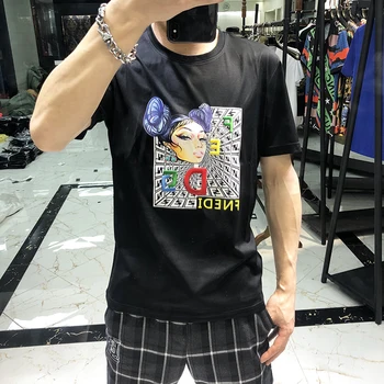 

Men's short sleeve T-shirt fashion 3D space girl print embroidery trend mercerized cotton summer round neck top Europe 2020