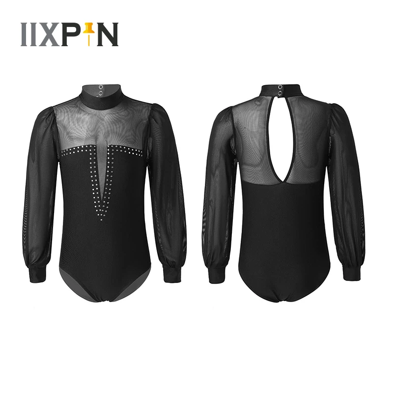 

Kids Girls Mesh Long Sleeve Shiny Crystal Dance Wear Ballet Gymnastics Leotard Dance Jumpsuit For Ice Skating Latin Rumba Dance