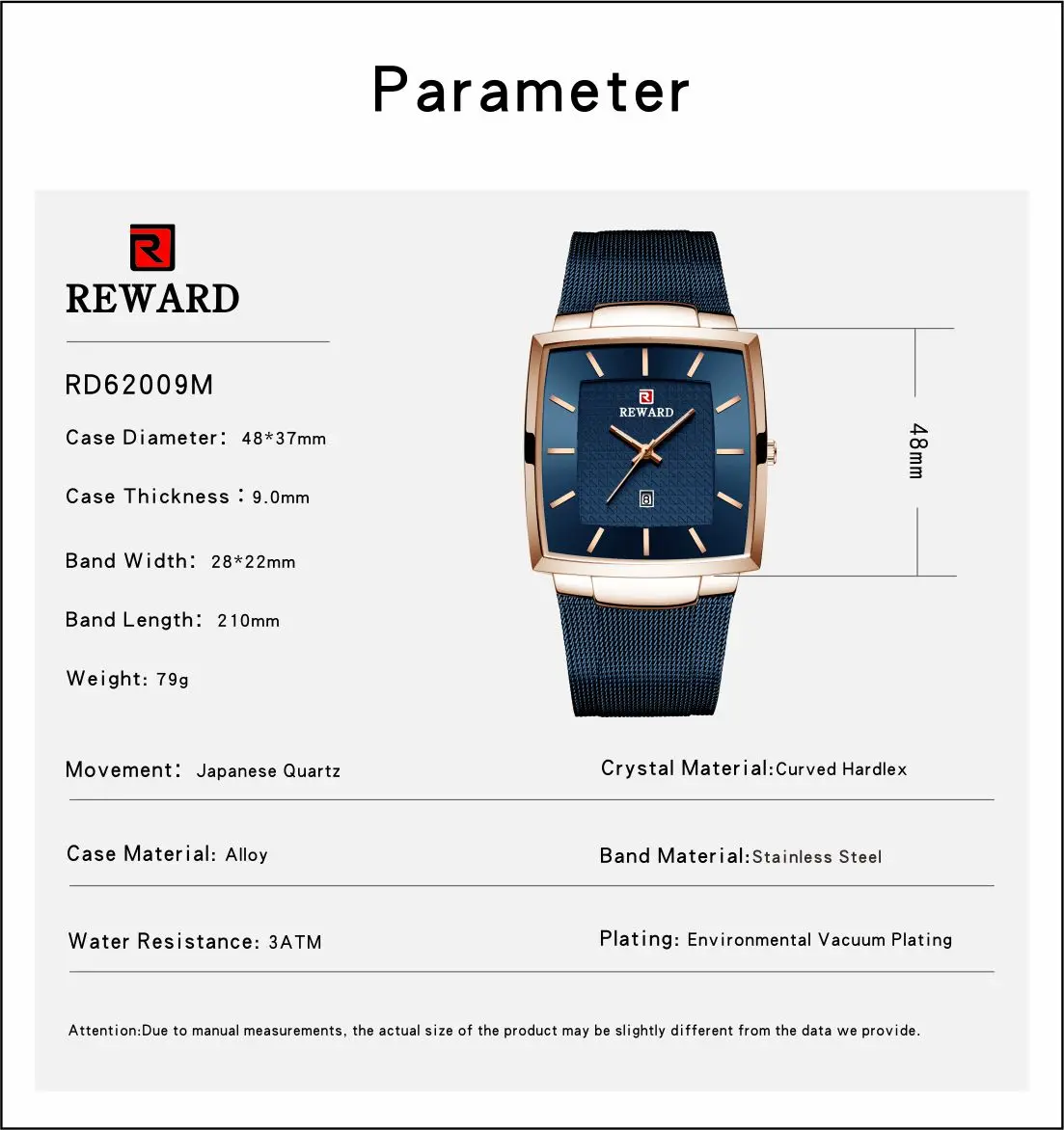  REWARD Men Watch Waterproof Slim Mesh Military Square Wristwatches Men Quartz Sport Business Casual