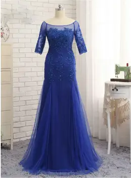 

2019 Royal Blue Long Mother of the Bride Dresses With Half Sleeves beaded Lace Tulle Women Formal Party Gowns Sleeved Custom