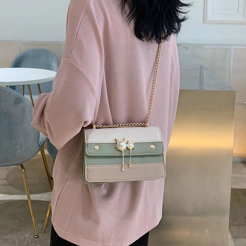 

Bag WOMEN'S Bag 2019 New Style Fashion Hipster Chain Rivet Shoulder Bag Versatile Contrast Color Cute Shoulder Square Sling Bag