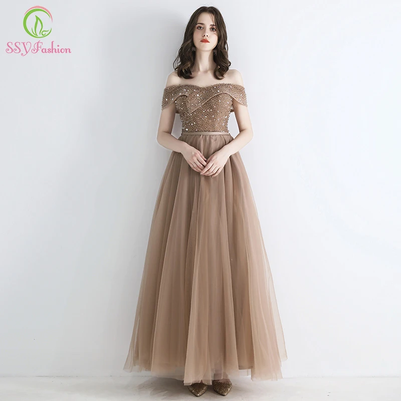 

SSYFashion 2019 New Long Prom Dresses Boat Neck Sequins Beading Khaki Floor-length Evening Party Formal Gowns Vestidos De Fiesta