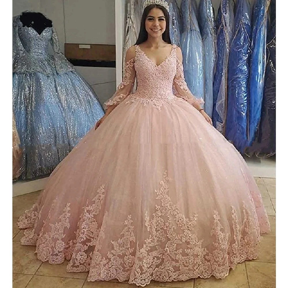 Vestido de de tul de manga larga para quinceañera, 15 vestidos de fiesta, apliques de moda, hasta el princesa Cenicienta, vestidos de cumpleaños _ - AliExpress Mobile