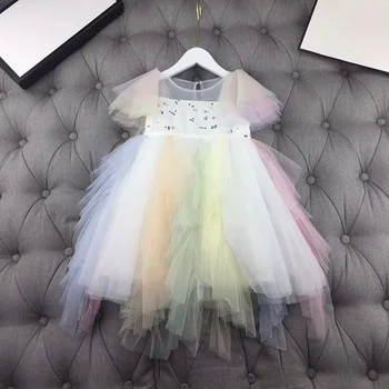 

European and American parent-child outfit 2020 spring and summer new styles Bubble sleeve rainbow stripe gauze Girl's dress