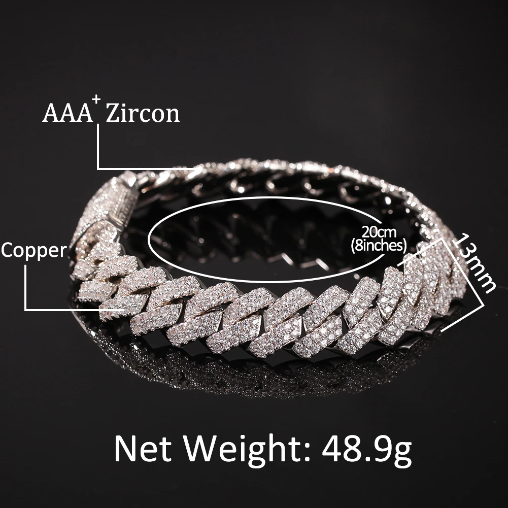 13mm Copper 2Row form Curb Cuban Bracelet Iced Out CZ Bracelet Gold Silver Color For Men Luxury Box Clasp Drop Shipping