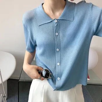 

Autumn Women Knitted Lapel Thin Cardigan Female Short Sleeve Singled Breasted Air-conditioned Shirts Fashion Sweet Cardigan Tops