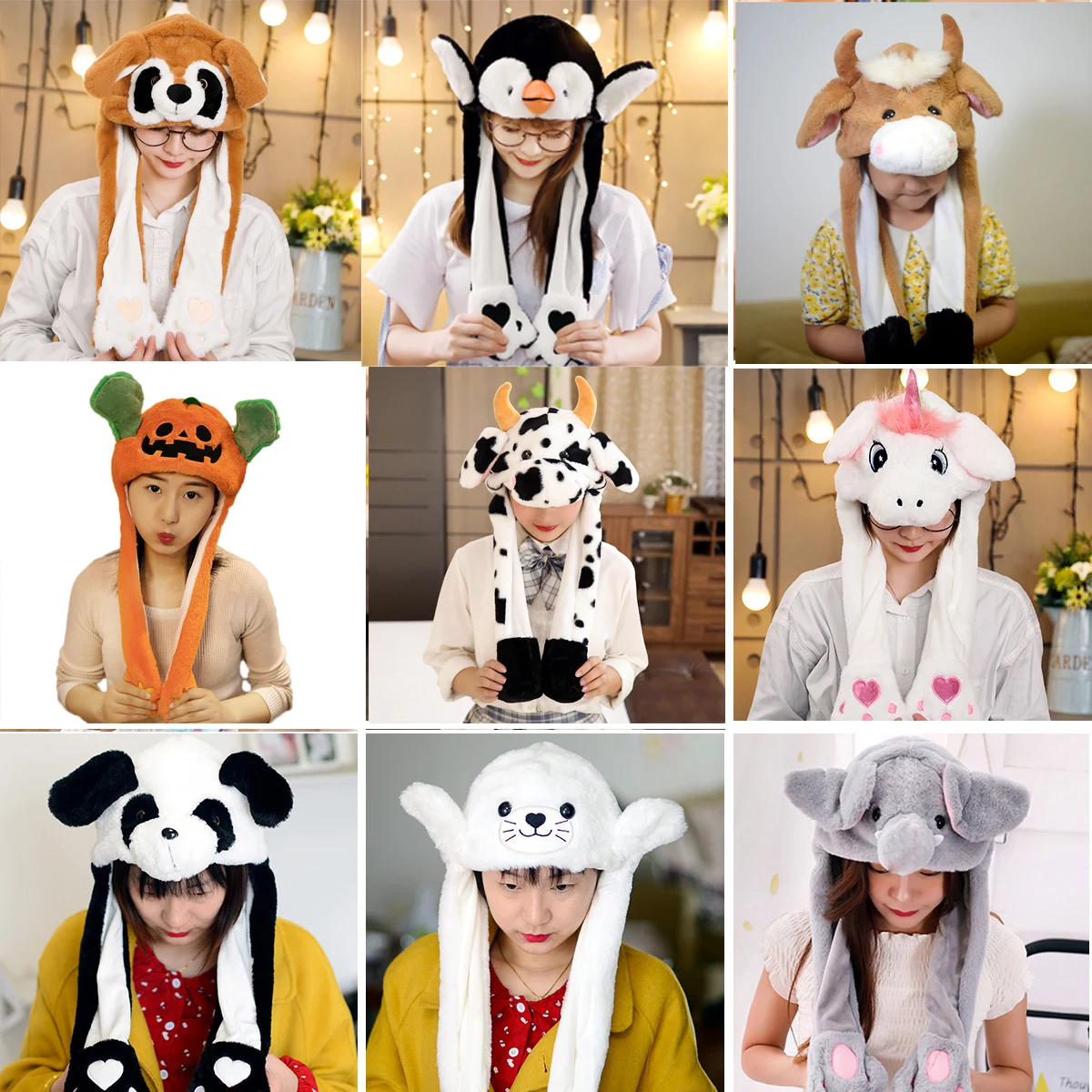 Sombrero de conejo bonita de varios estilos, sin luz, divertido flotador de aire, tapón móvil de relleno para orejas, juguetes de peluche de dibujos animados, regalos para niños