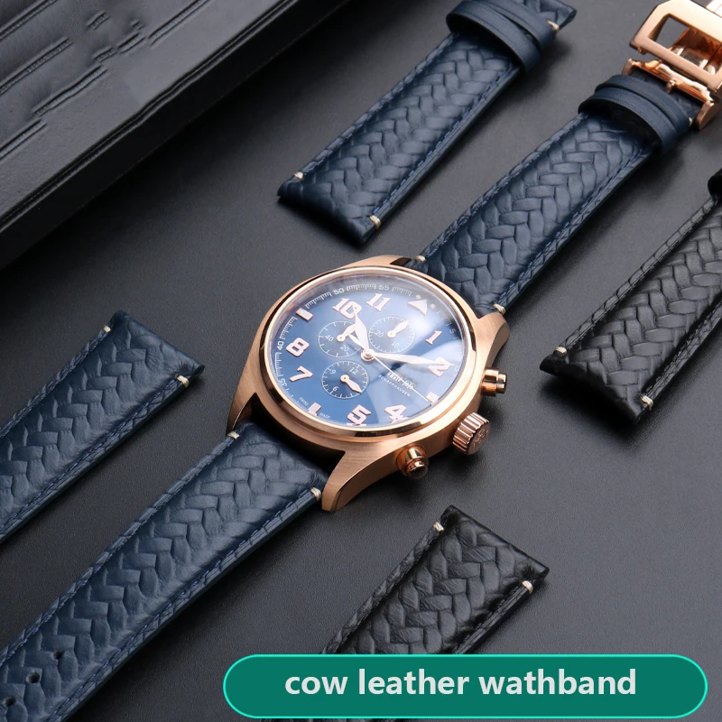 

High Quality Cowhide Woven Watchband For IWC IW344205 IW371614 IW500713 PORTUGIESER Portofino Blue Soft Leather Watch Strap 22mm