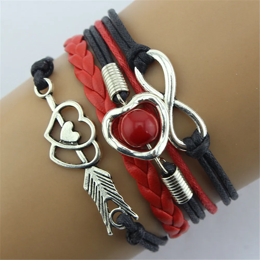 Женский многослойный браслет Infinity Cupid Love Heart Wings очаровательный кожаная цепочка