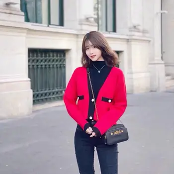 

2020 Summer Temperament Small Fragrance Contrast Color V Collar Joker Knitting Cardigan Coat Female 21008