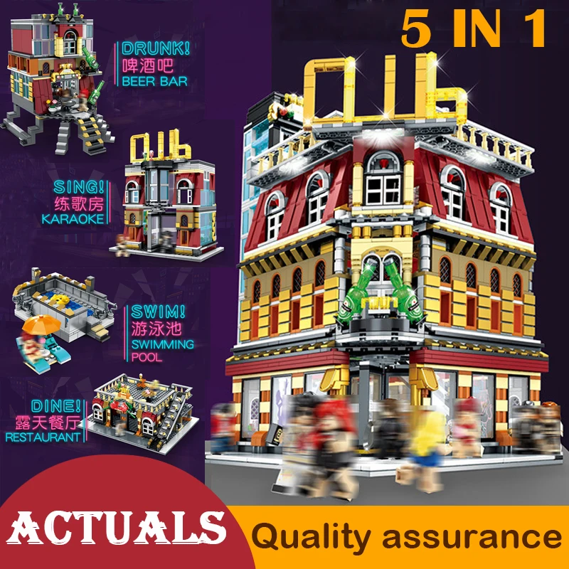 

5 IN 1 Sembo SD6991 City Street View Club Building Blocks LED Light 3D Structure Compatible legoed House Bricks Architecture