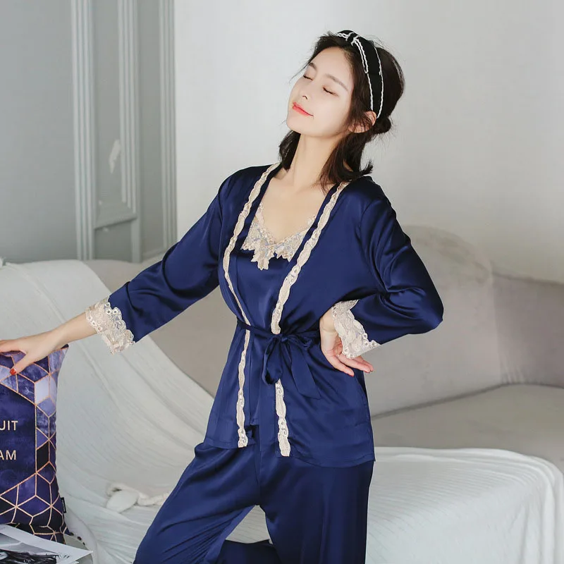 Осенние пижамы для женщин, Сексуальная кружевная атласная шелковая пижама, комплект женской домашней одежды, Повседневная Пижама с длинными рукавами из 3 предметов, пижамы