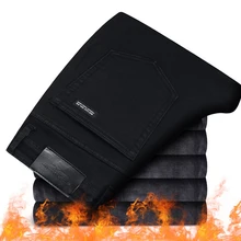 Мужские модные зимние джинсы, Мужские Черные Облегающие Стрейчевые плотные вельветовые брюки, теплые джинсы, повседневные флисовые мужские брюки