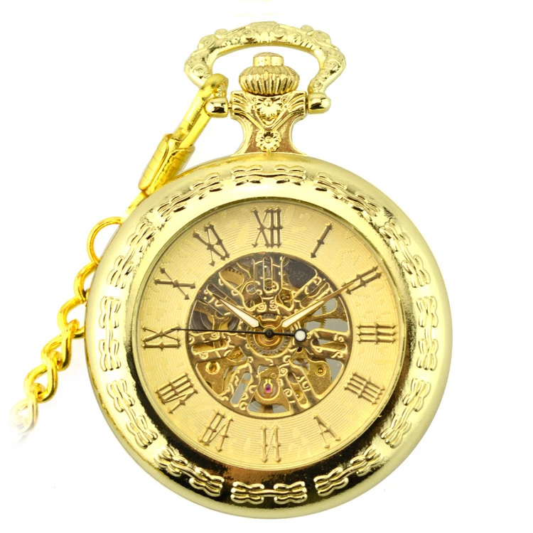 Luxury Fashion Steampunk Hand Winding Mechanical Pocket Watch Roman Numerals Skeleton Watches with FOB Chain for Men Women