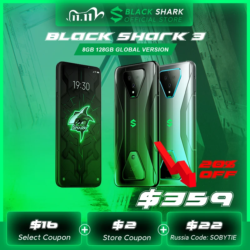  Глобальная версия Xiaomi Black Shark 3 5G Snapdragon 865 8 Гб 128 ГБ игровой телефон Восьмиядерный 64 мп тройные AI камеры 65 Вт 4720 мАч Код 11,11 1800 руб:SOBYTIE 