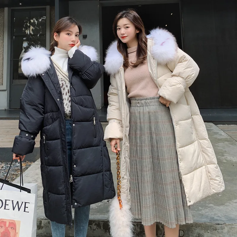 

2019 Autumn And Winter New Style Hot Selling Long Warm Cotton Coat Loose-Fit Cotton-padded Clothes Large Fur Collar
