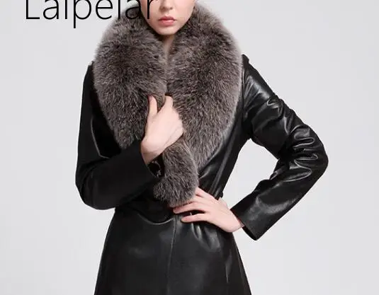 

New Autumn Winter Slim PU Leather Jacket Faux Fox Fur Collar Long Jacket Waterproof High Quality Black Coat Overcoat Big Size