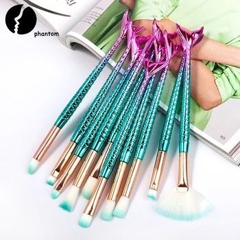 

10pcs Fairy Simulated Mermaid Pattern Makeup Brush Set Romantic Gradient Blue Purple Dazzling Fishtail Eye Brush Set Drop Ship