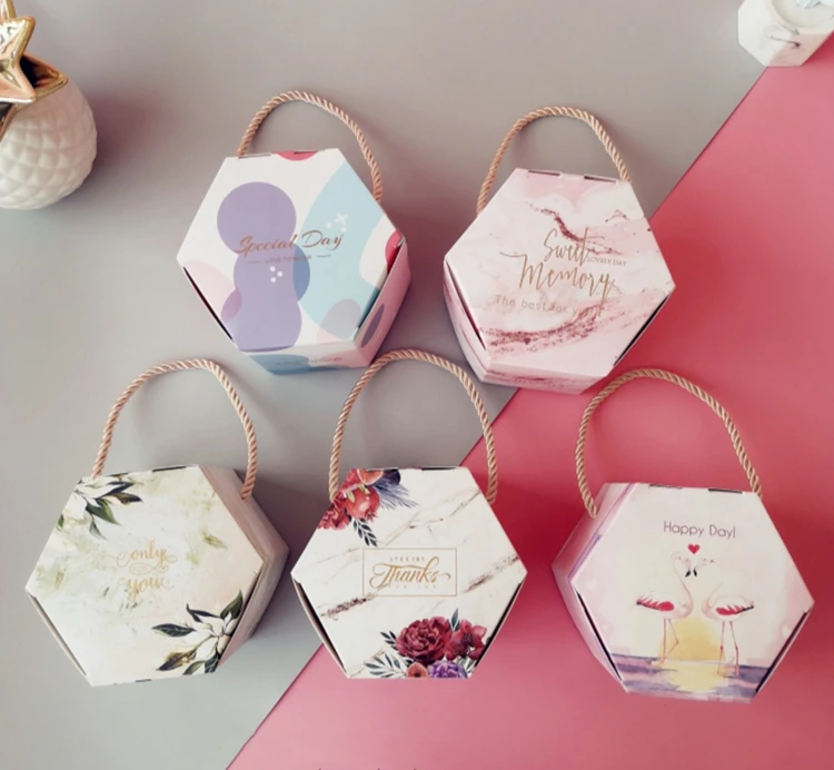 Шестигранные коробки, веревки, вечерние подарки, картонные коробки, свадебные конфетные полки, украшения для дня рождения