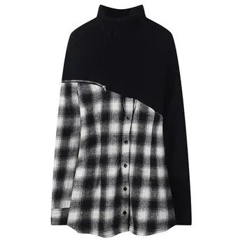 

Winter New Fashion Stitching Plaid Shirt Dress High Collar Long Sleeve Sweater Dress Streetwear Female Loose Mini Dresses