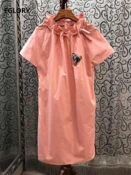 

High Quality Cotton Dress 2020 Summer Style Ladies Diamond Beading Patterns Deco Short Sleeve Casual Army Green Blue Pink Dress