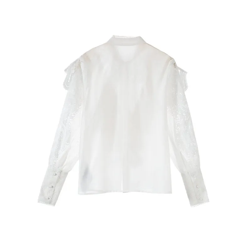 Zimm стильные шикарные топы осенние элегантные Синг; е-брекет стоячий воротник с длинным рукавом Белые Кружевные блузы женские рубашки