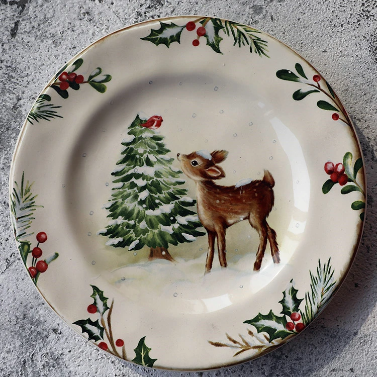 1Pcs 8 inch Christmas cartoon animal round ceramic plate tableware sashimi plate sushi snack cake steak salad storage flat plate