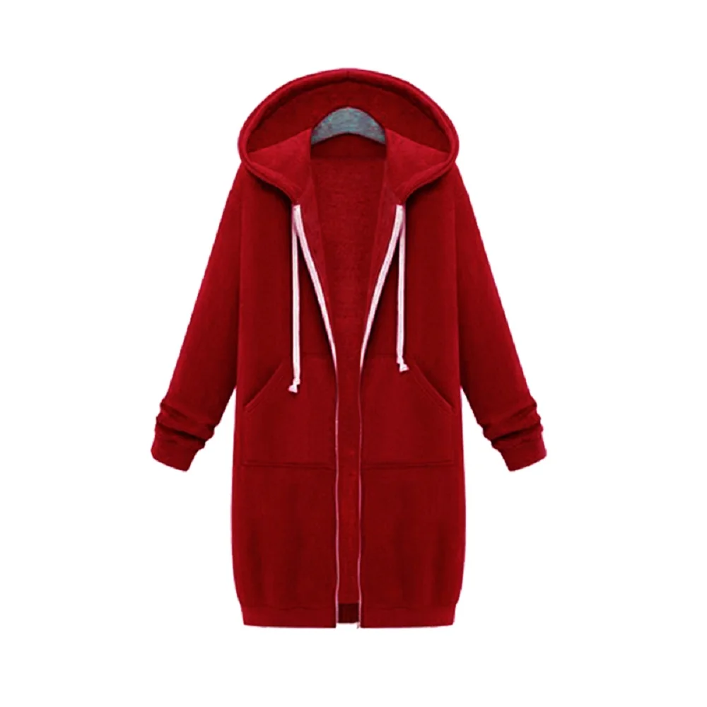  2019 Autumn Winter Casual Women Long Hoodies Sweatshirt Coat Zip Up Outerwear Hooded Jacket Plus Si