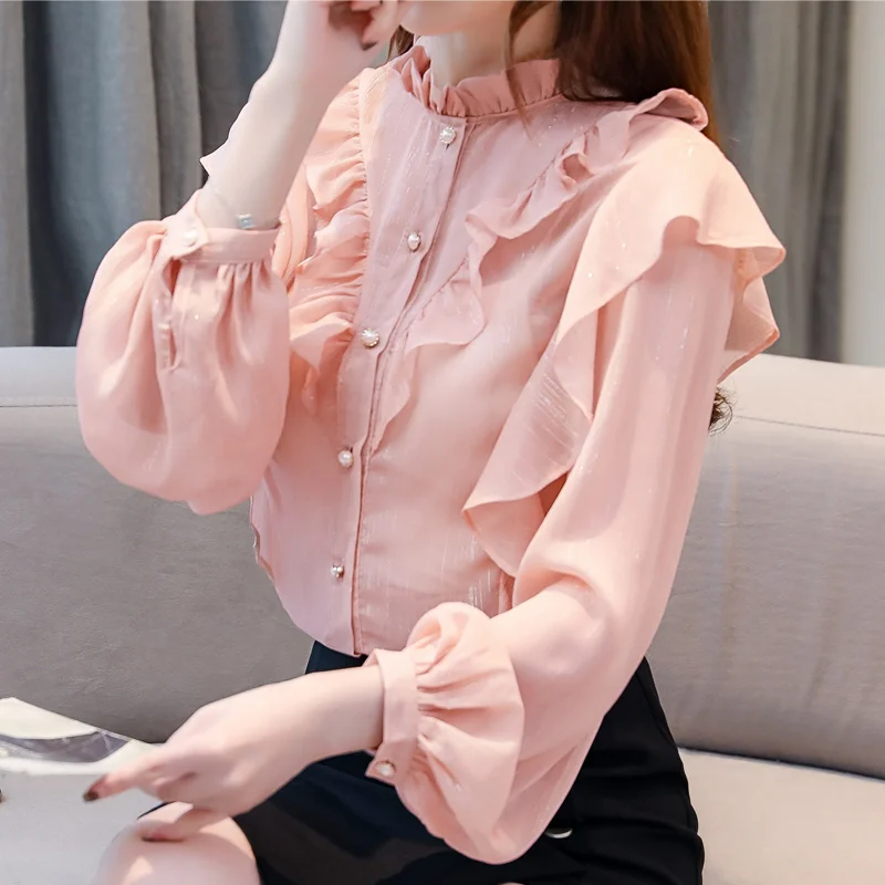 Blusas Mujer De Moda 2021 Stand Collar Ruffles Chiffon Blouse Shirt Women Long Sleeve Womens Tops And Blouses C785 | Женская одежда