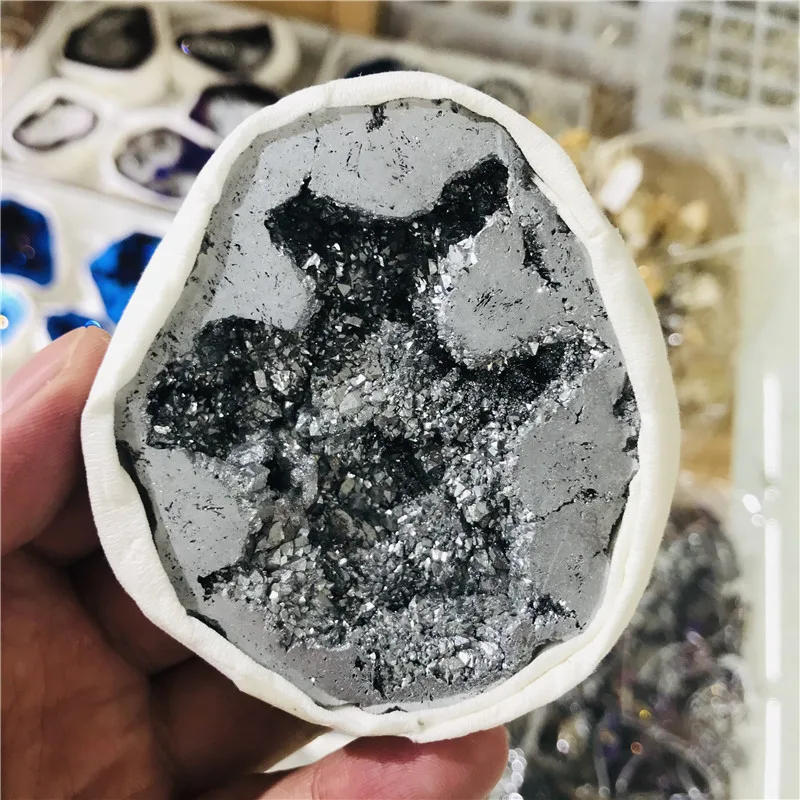 Натуральный агат фрагмент жеоды Drusy Druse кварцевый гальванический кластер