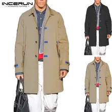 INCERUN, корейский мужской Тренч, однотонный, модный, с отворотом, с длинным рукавом, куртки, повседневный тренд, Джокер, мужские однобортные ветровки, пальто