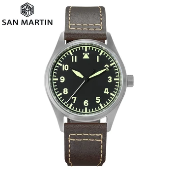 

San Martin Pilot Titanium Vintage Military Enthusiasts NH35 Automatic Mechanical Men Watch Leather Strap Waterproof Luminous
