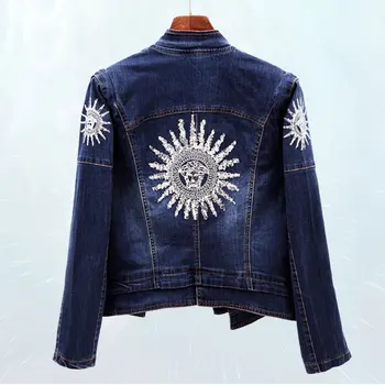 

casaco feminino Fashion Sequins Stretch Slim Denim Jackets Top Spring Autumn Jacket Women embroidery Basic Jeans Outwear BW02
