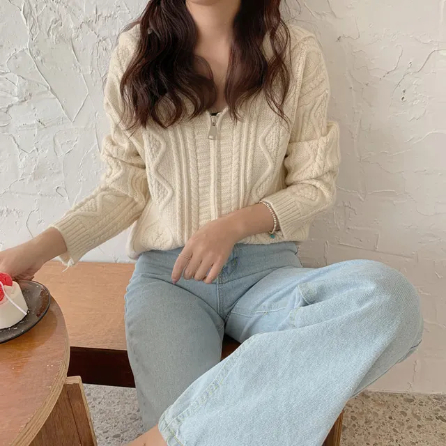 Twisted Knitting Hooded Cardigans Sweaters Women Long Sleeve Zipper-up Korean Fashion Loose Tops Autumn Winter Cardigans