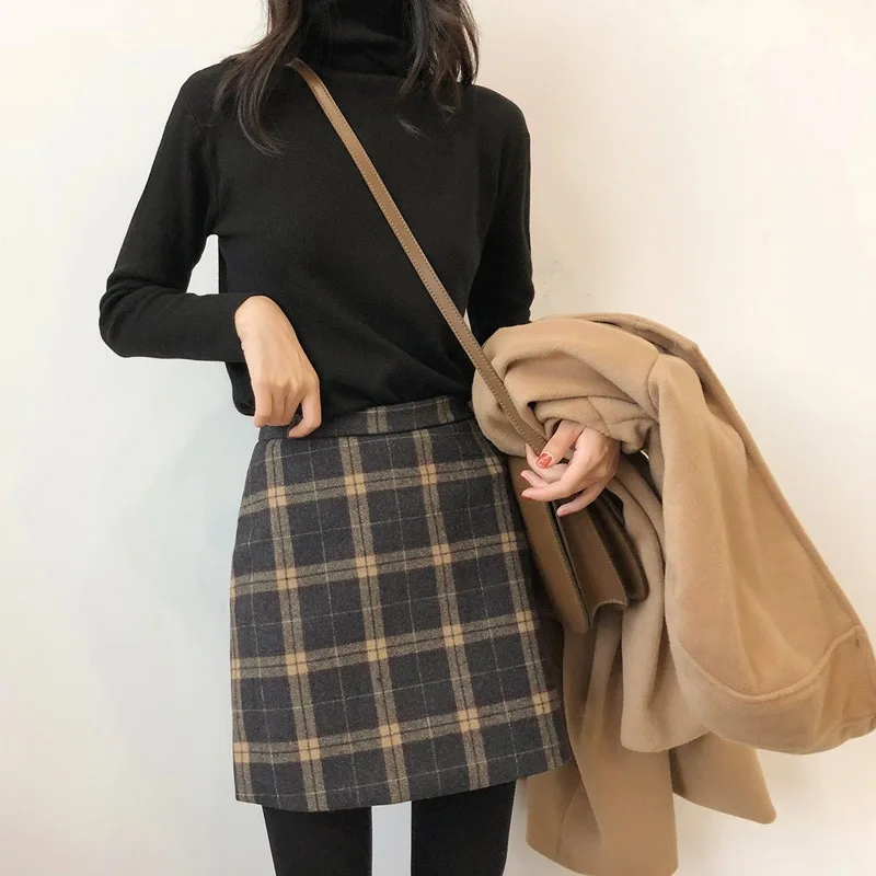

Autumn And Winter Woolen Check Skirt with Wool CHIC Retro Slimming A- line Woolen Skirt Short Skirt Women's