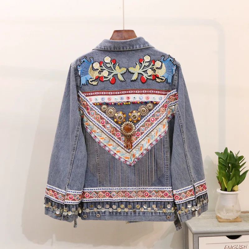 Women Embroidered Denim Jacket 2020 Retro Long Sleeve Loose Jeans Coat Festival Runway Tassel BF Chic Ladies Outerwear 27 | Женская