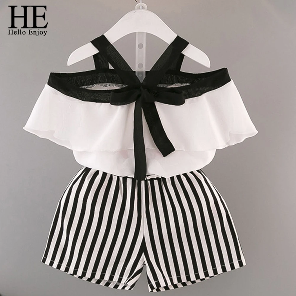 

HE Hello Enjoy Girls Clothes Set Summer Baby Kids Clothing Chiffon Off-The-Shoulder Top + Striped Shorts Two-Piece Suit For Girl