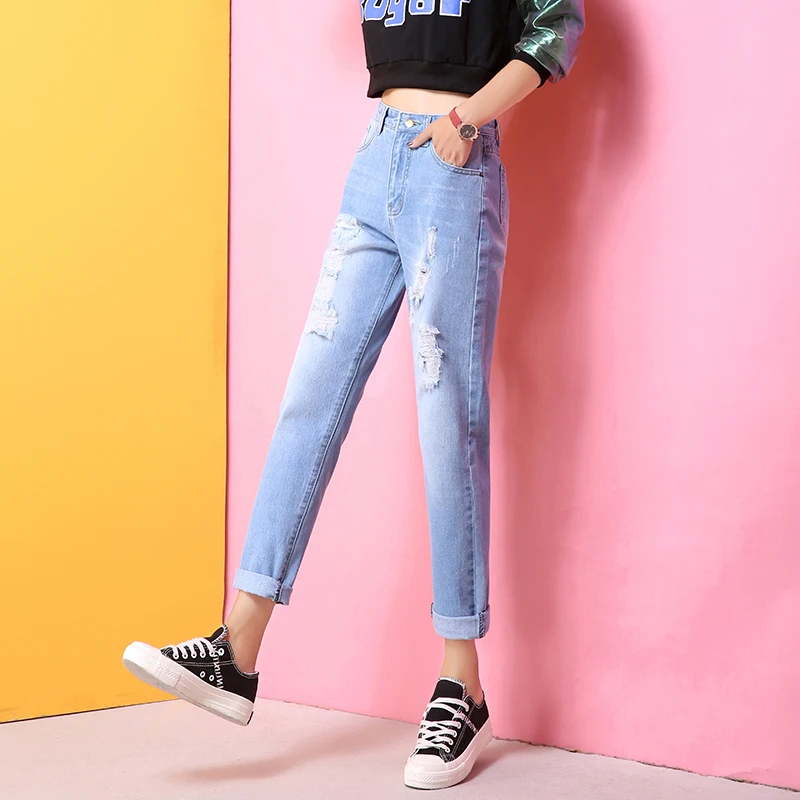 Fashion Holes High Waisted Mom Jeans Retro Solid Washed Denim Scratched Straight Plus Size Pants Women Ankle Length Trousers