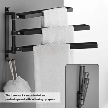 

Towel Bar Space Aluminum Wall Mounted For Bathroom Foldable Modern Punch Free Storage Holder 180 Rotating With Hook Kitchen