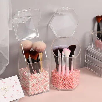 

Square Pearl Cosmetic Case Transparent Flap Dustproof Cosmetic Brush Barrel Acrylic Eyebrow Pencil Storage Box