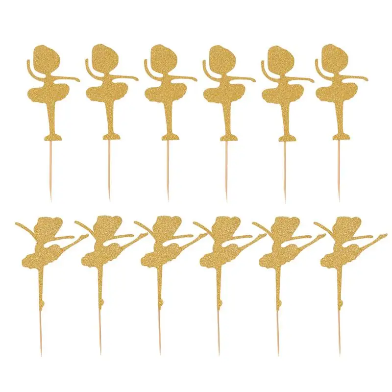 

12 Pcs Cake Toppers Paper Ballet Girl Cake Fruit Picks Dessert Table Decorative Supplies (Golden)