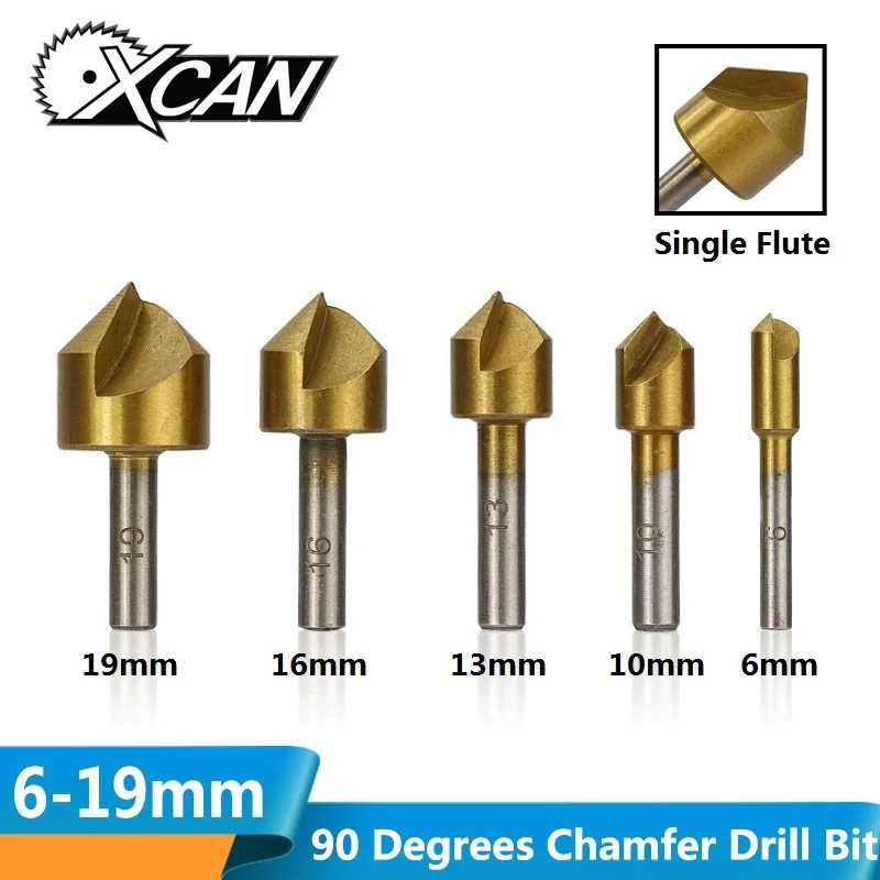 XCAN 5 шт. в партии, 6/10/13/16/19 мм Титан покрытием фаски сверло Одна Флейта 90 градусов зенковки сверло